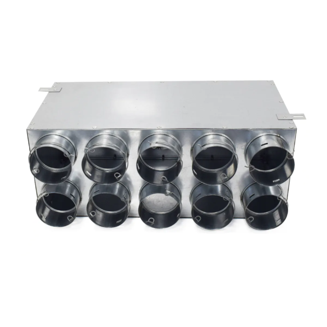 Metal 10-point rear entry ventilation distribution box with circular duct connections.