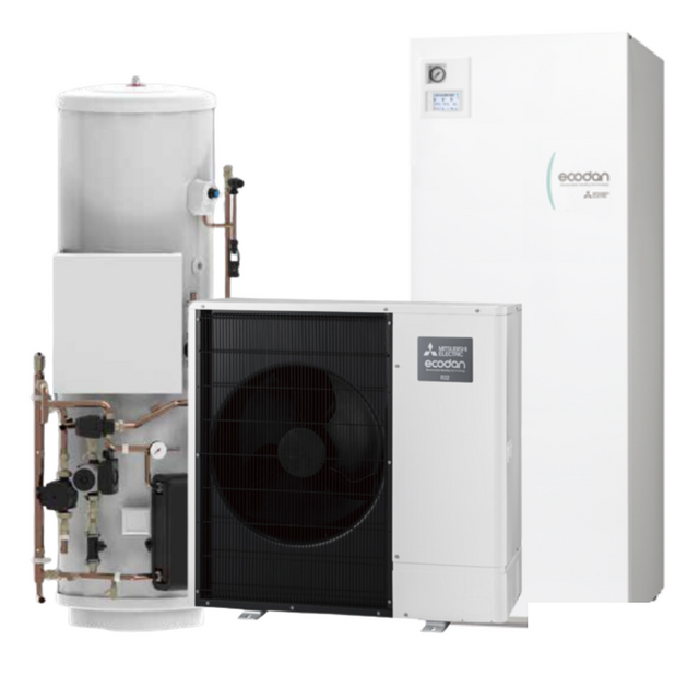 Mitsubishi Electric Ecodan R32 heat pump with cylinder kit for efficient home heating and hot water.